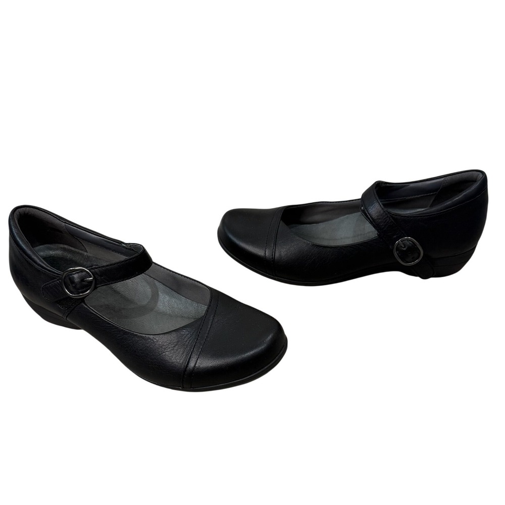 Dansko Mary Jane Heels Womens 38W Black Leather Buckle Strap Low Wedge Shoes